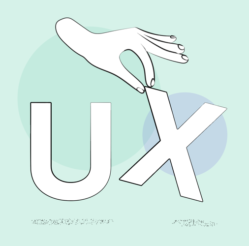 Illustration of the letters 'U' and 'X' with a hand holding up one corner of the 'X', against a light blue background