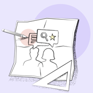Illustration of a white piece of paper with the outline of two people, against a light purple background