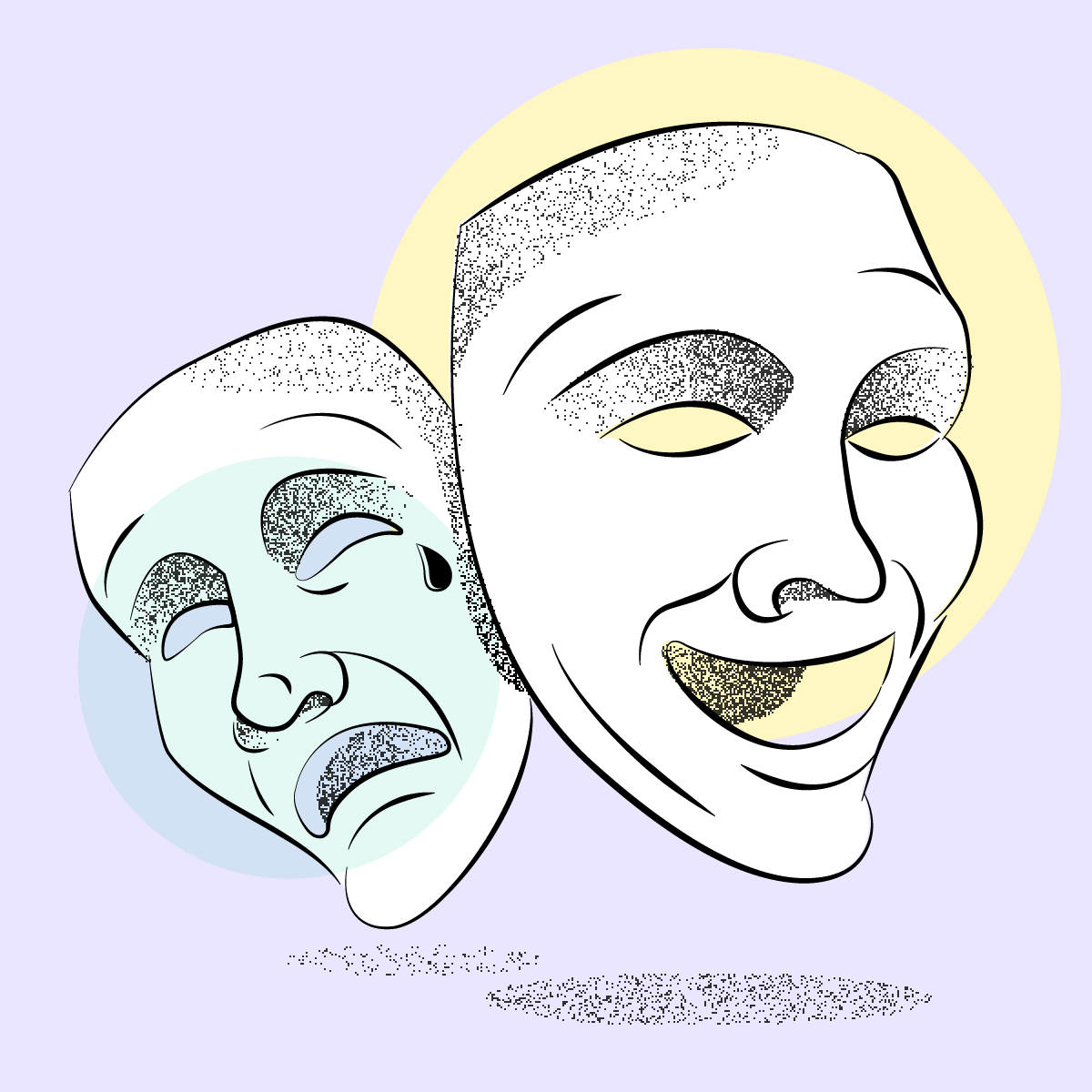 Comedy and tragedy theatre masks against a light purple background